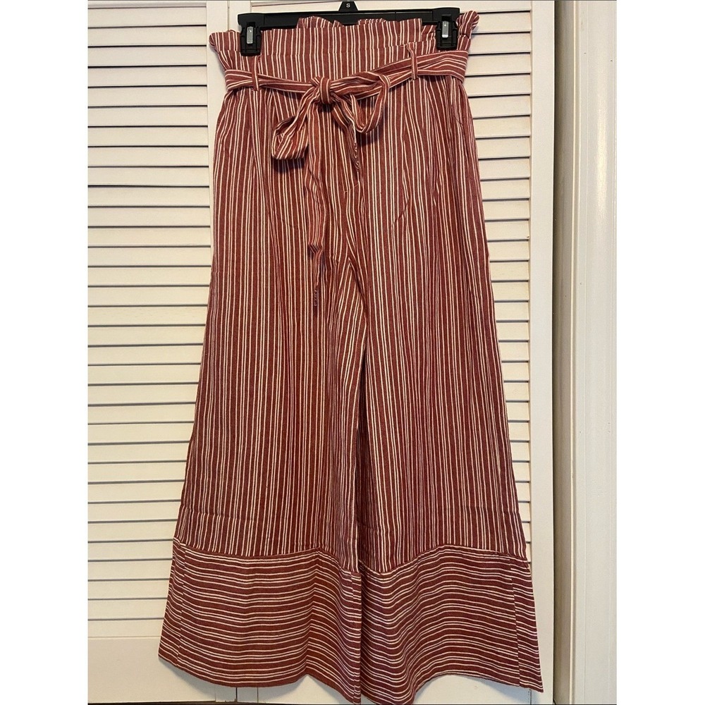 DO+BE Wide-Leg Culotte Pants M Rust Red/White Striped Paperbag Vacation Nautical